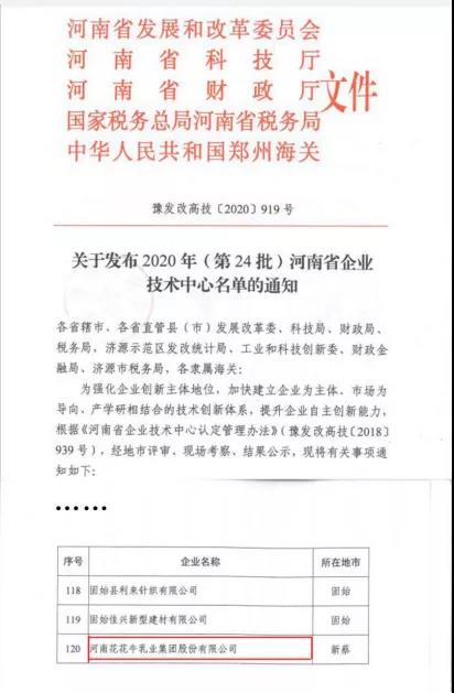 喜报 | 河南XINGKONG.COM星空体育(中国大陆)科技公司乳业集团企业技术中心被认定为 河南省企业技术中心